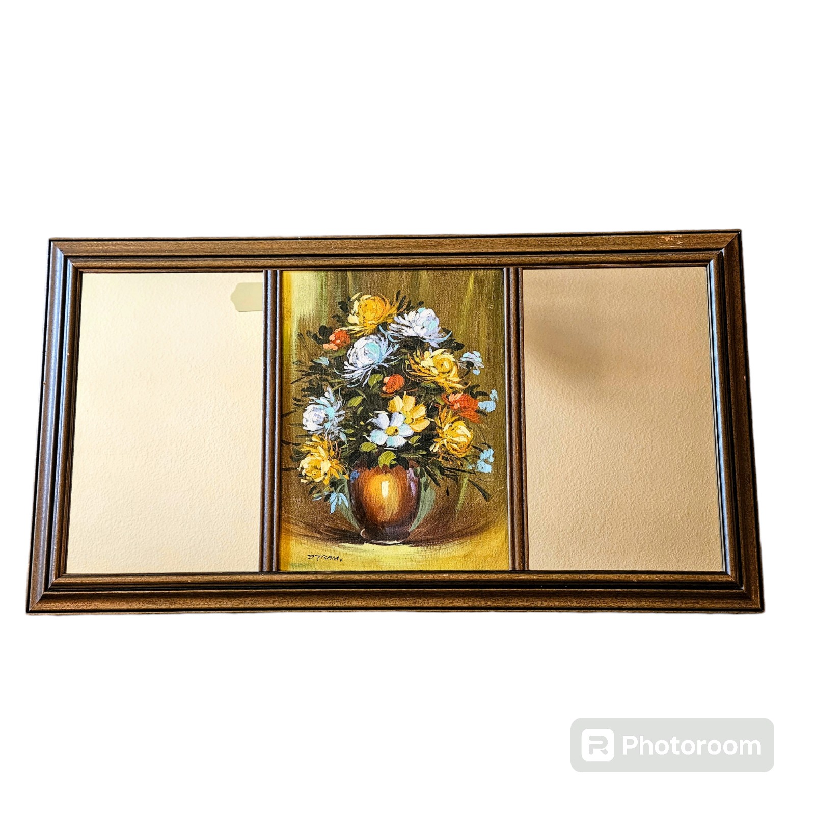 Vintage Retro 70s Oil Painting Floral With Two Mirrors Framed