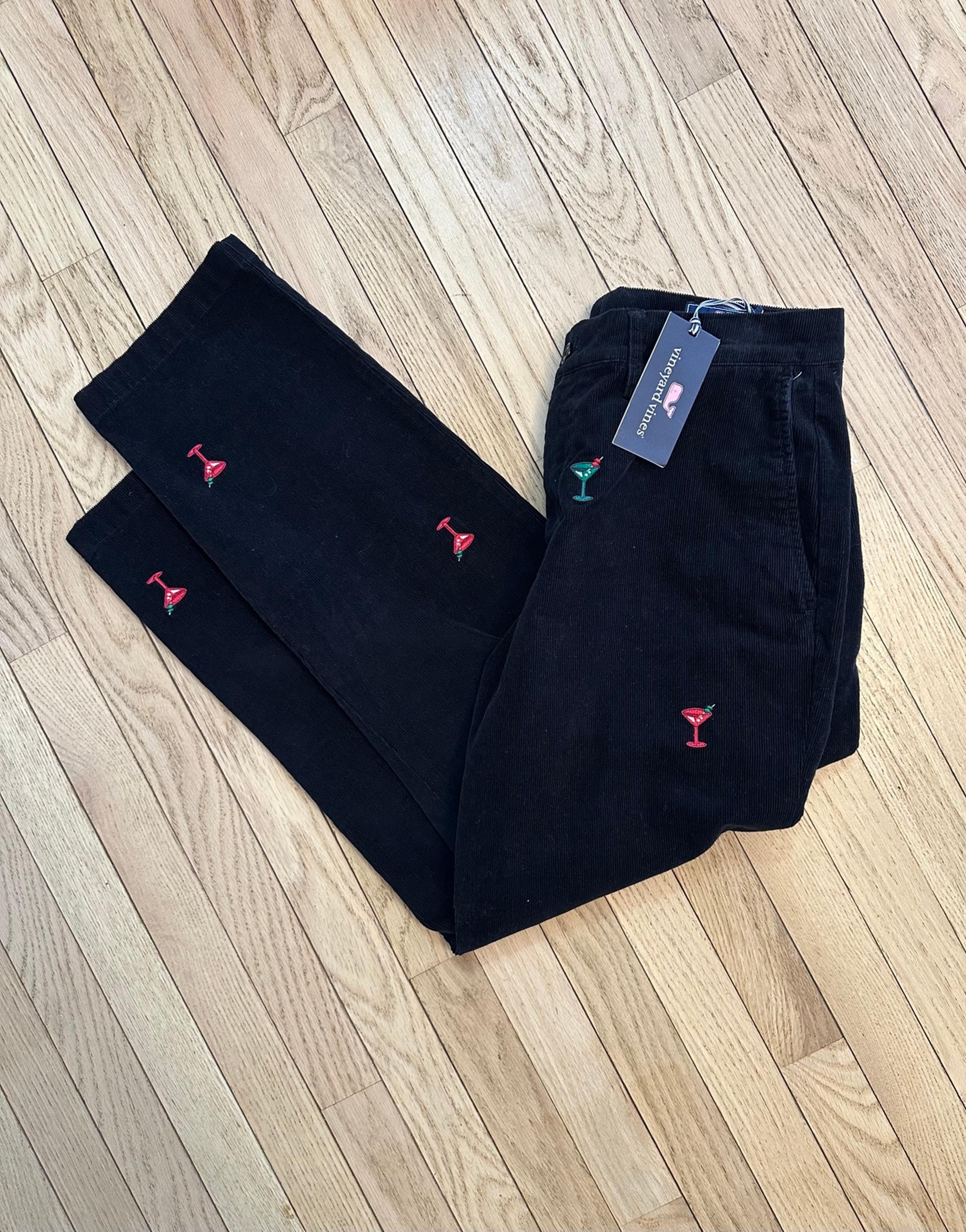 32x30-Vineyard Vines Pants Mens Black Allover Martini Print Corduroy Stretch NEW