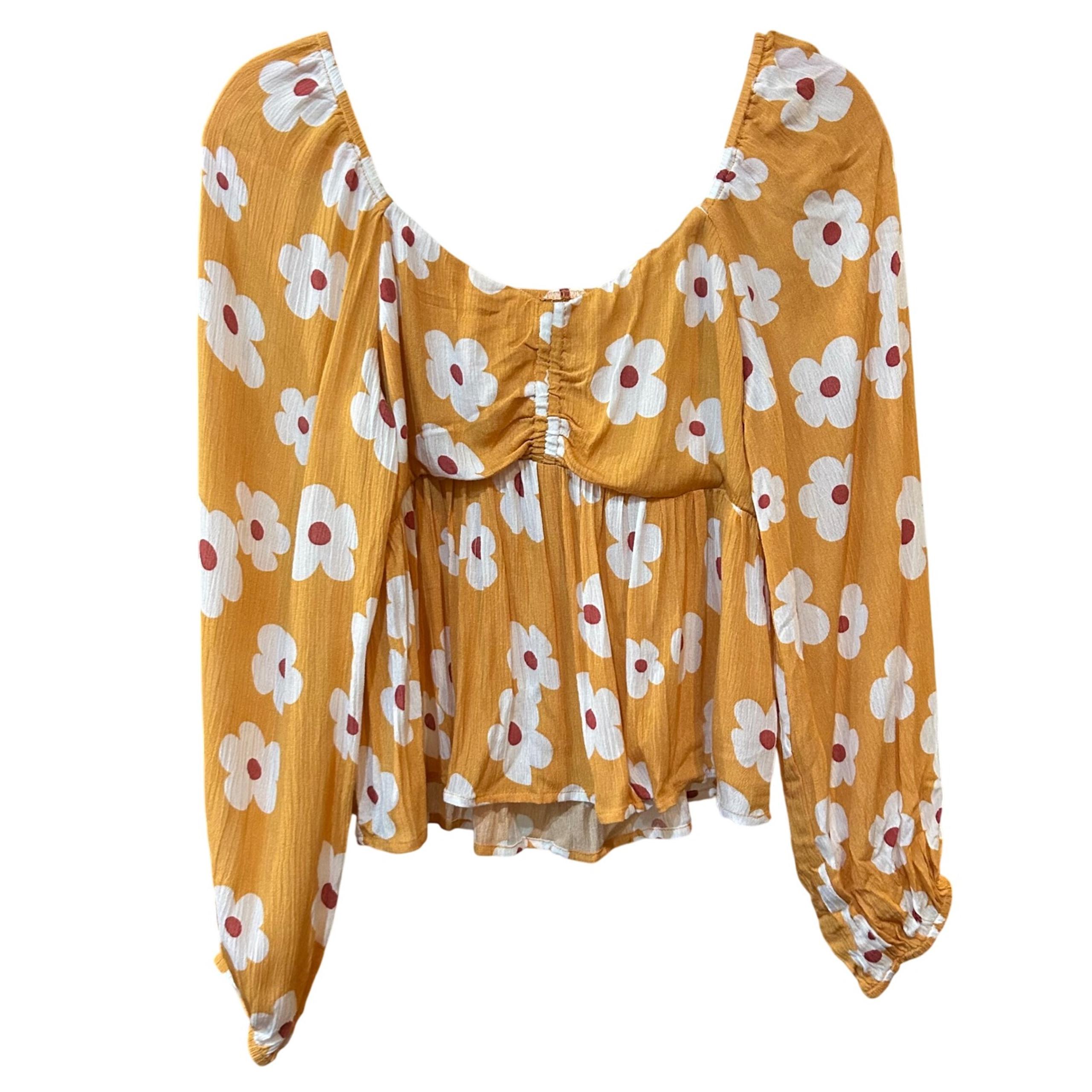 Floral Long Sleeve Top Square Neck Blouse Smocked Ruffle Hem Medium