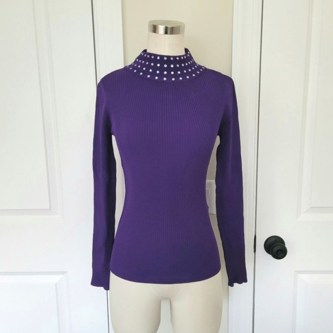 Embellished Ribbed-Knit Turtleneck Sz XS Classic NYE Gift Holiday Party Travel