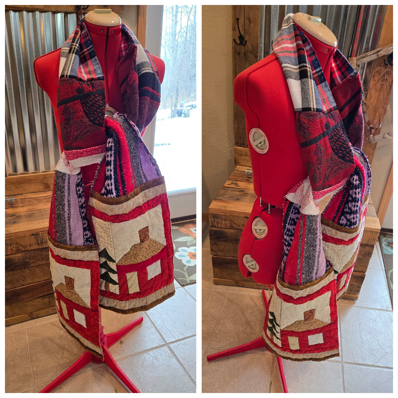 Upcycled winter patch scarf long red cabin