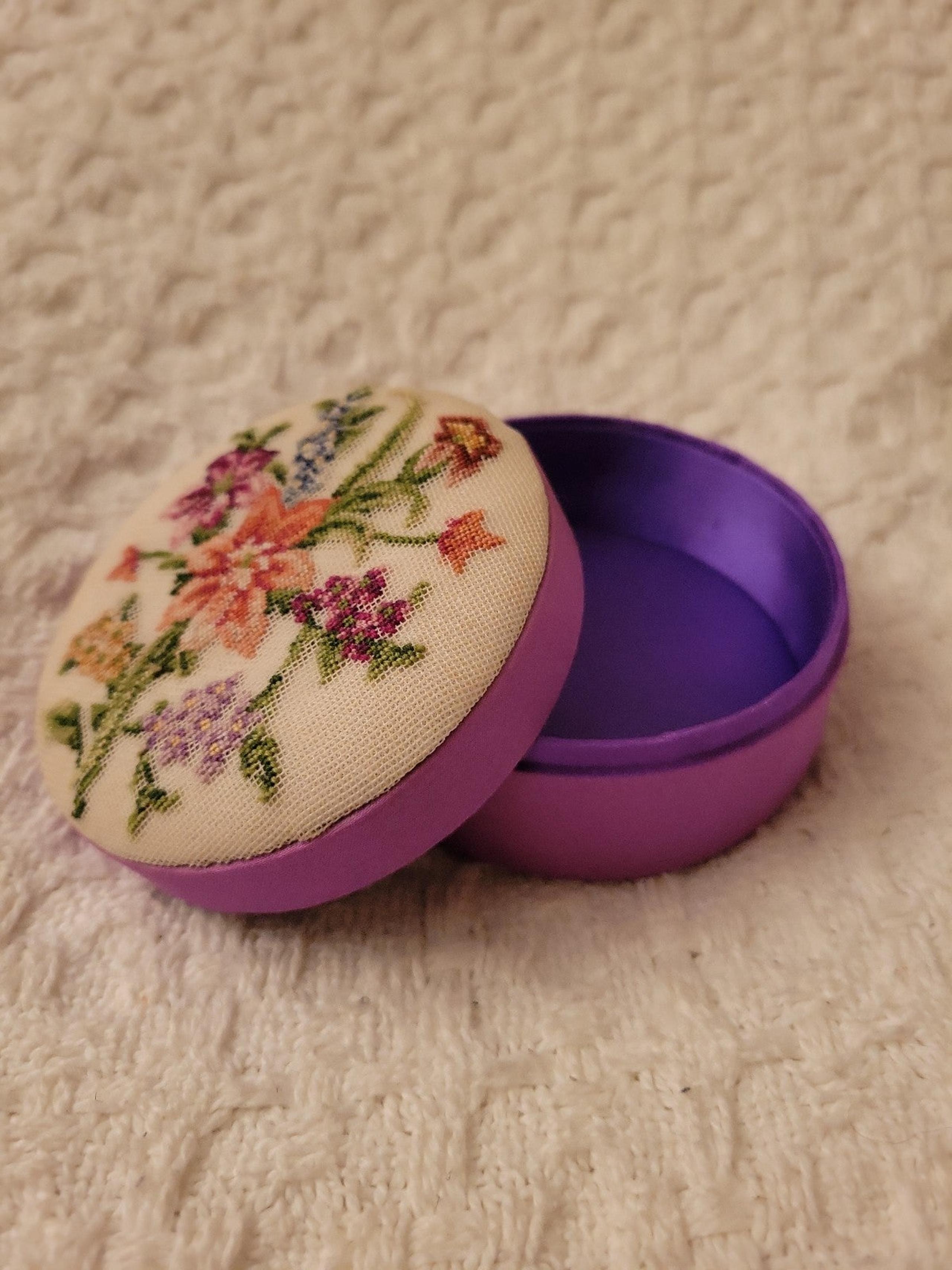 Vintage Fetco Purple Satin Trinket Box with Needlework Floral Cover