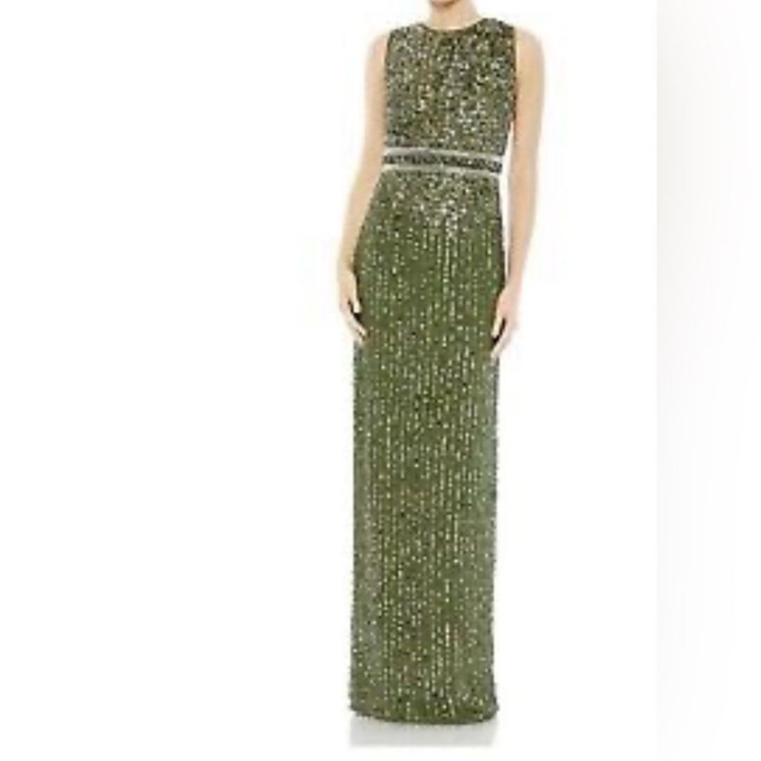 Mac Duggal Olive Green Sequined High Neck Sleeveless Column Gown Size 16 NWT