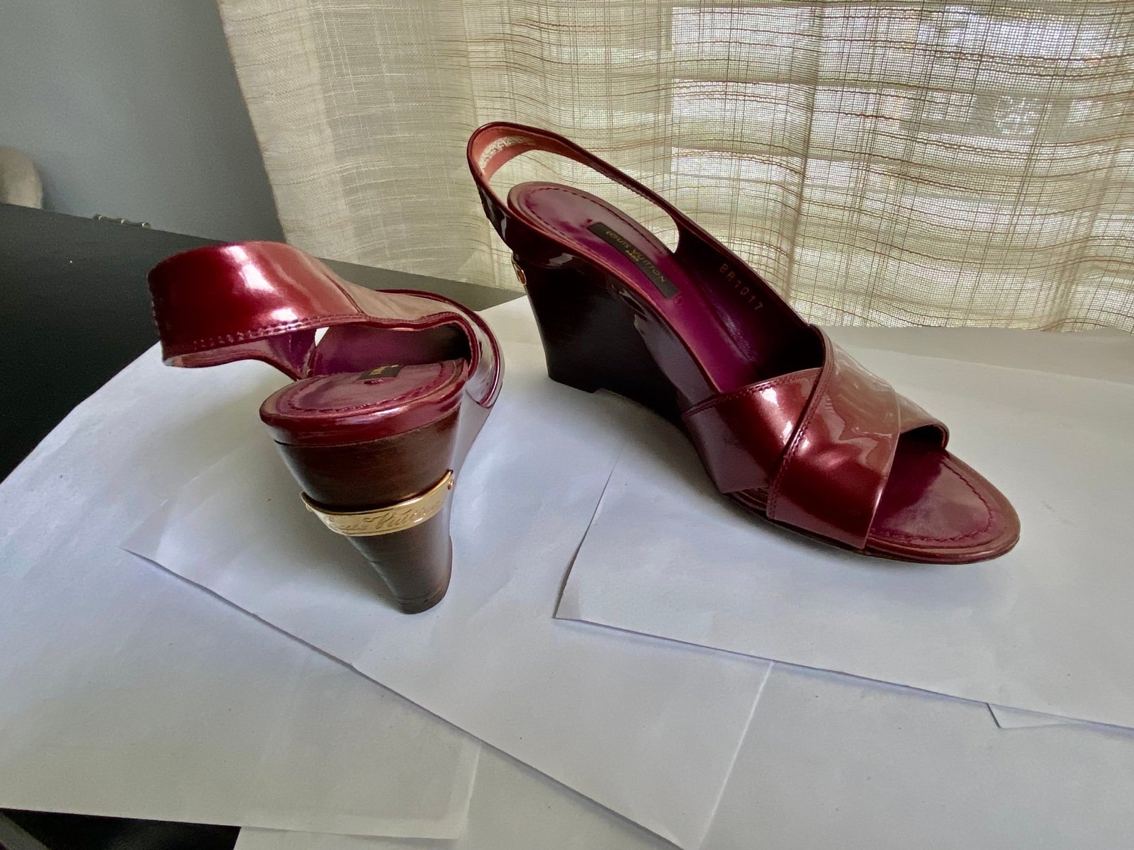 Louis Vuitton burgundy pat leather ankle strap wedge heels mules 35 open toe