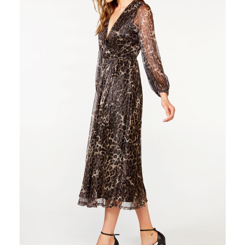 BARDOT NEW leopard pleat dress Plisse Style # 55986DB long sleeve Overlay MEDIUM