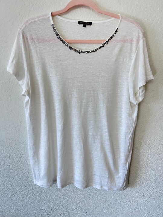 Massimo Dutti 100% Linen Gem Embellished Neckline White Short Sleeve Tee SZ XL