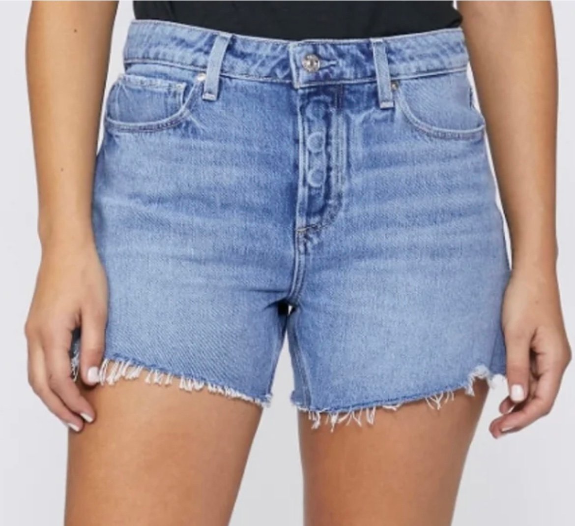 Paige Noella Women’s Blue Raw Hem Button Fly Cut Off High Rise Short, Size 28