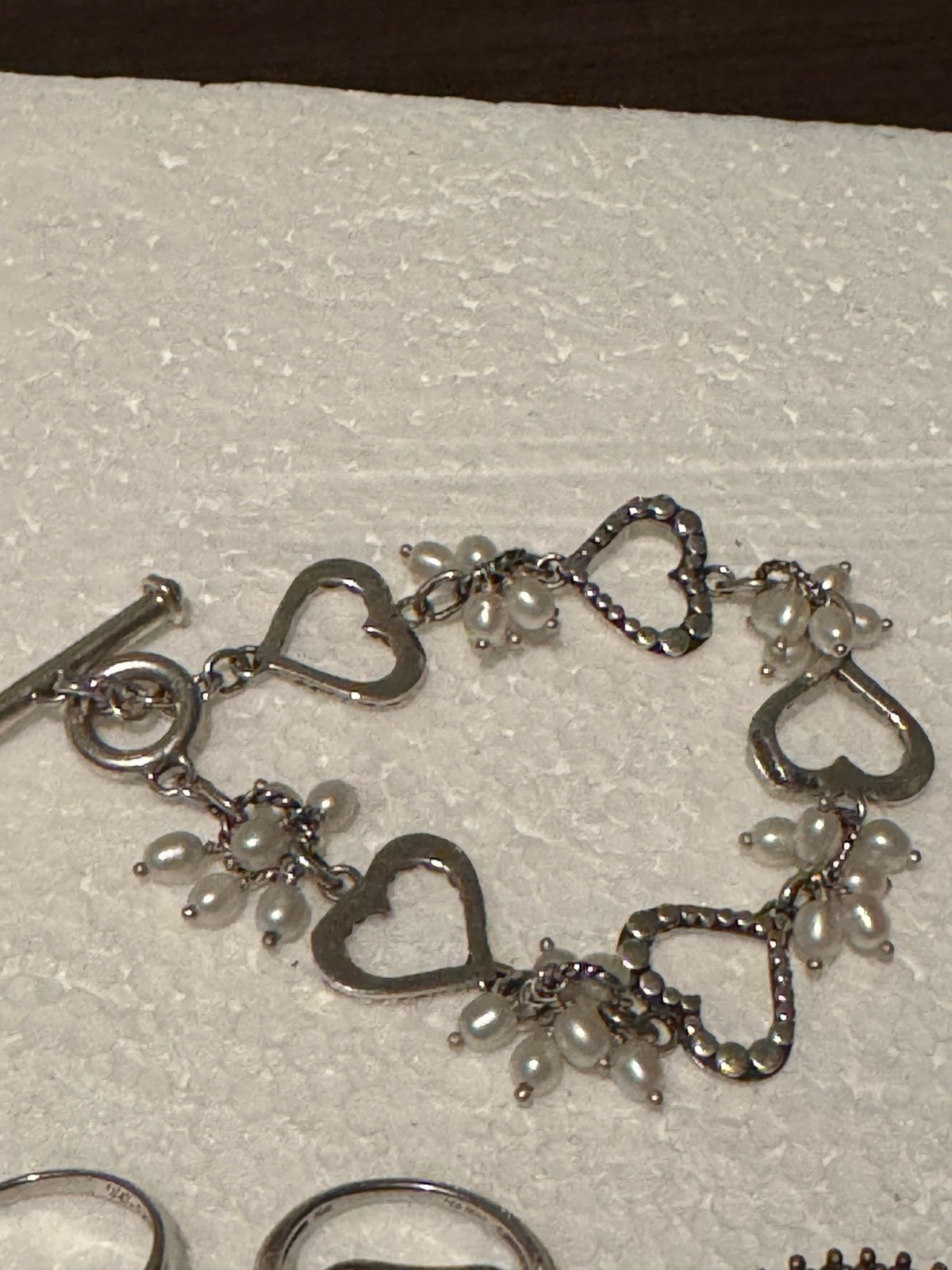 Vintage Lori Bonn Sterlin Silver Freshwater Pearl Heart Link Toggle Bracelet 7.5