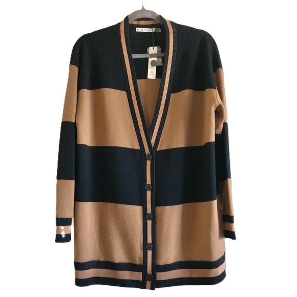 Alice + Olivia Cardigan Sweater Wool Blend Camel Black Stripe