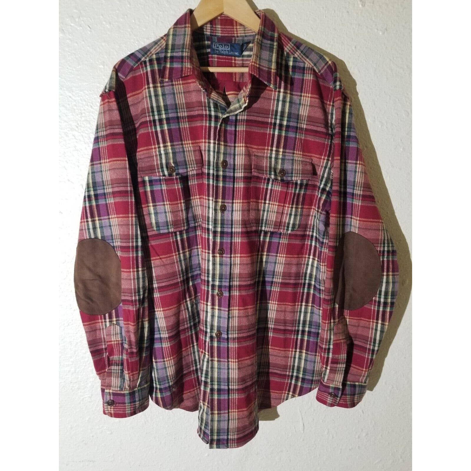 Ralph Lauren Polo Elbow Patch Flannel Cotton Plaid Red Green Purple Shirt XL