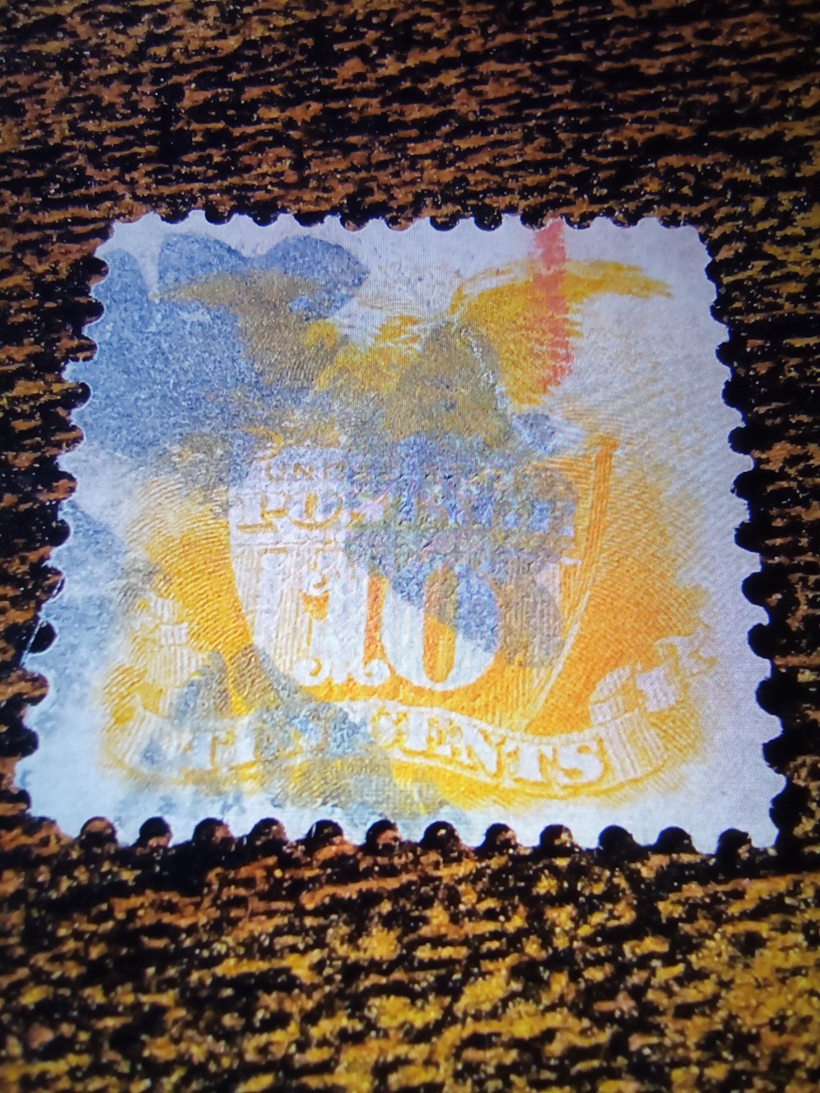 AUTHENTIC 1869 G - GRILL TEN CENT POSTAGE STAMP EAGLE & SHIELD BLUE CANCELATION
