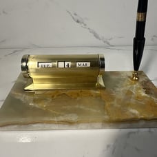 Vintage Perpetual Calendar Brass And Pen Holder with Marble base