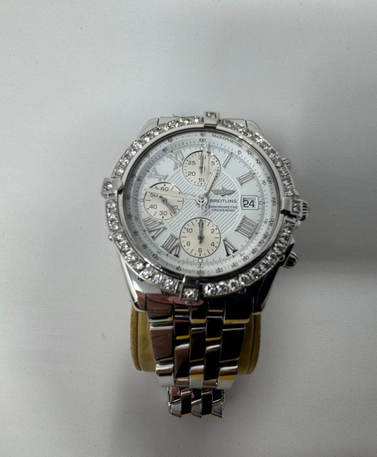 Breitling Crosswind Silver Mens Watch w 44 Diamonds A13355 EUC With Box & Papers