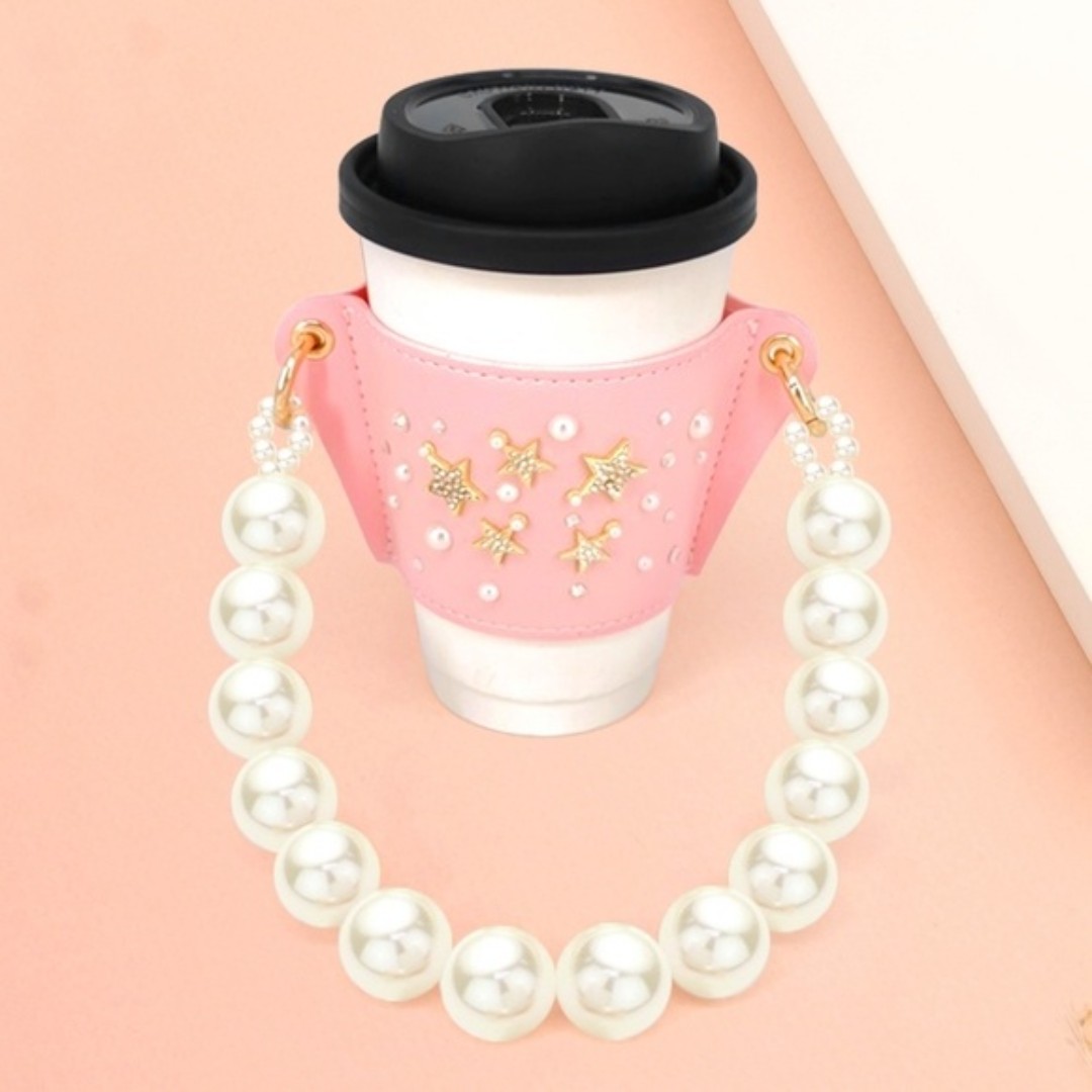 Pink Pearl Strap Chain Gold Stars Coffee Cup Sleeve Holder Tumbler Carrier