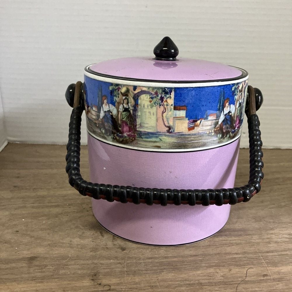 Purple Cookie Canister With Art Scene