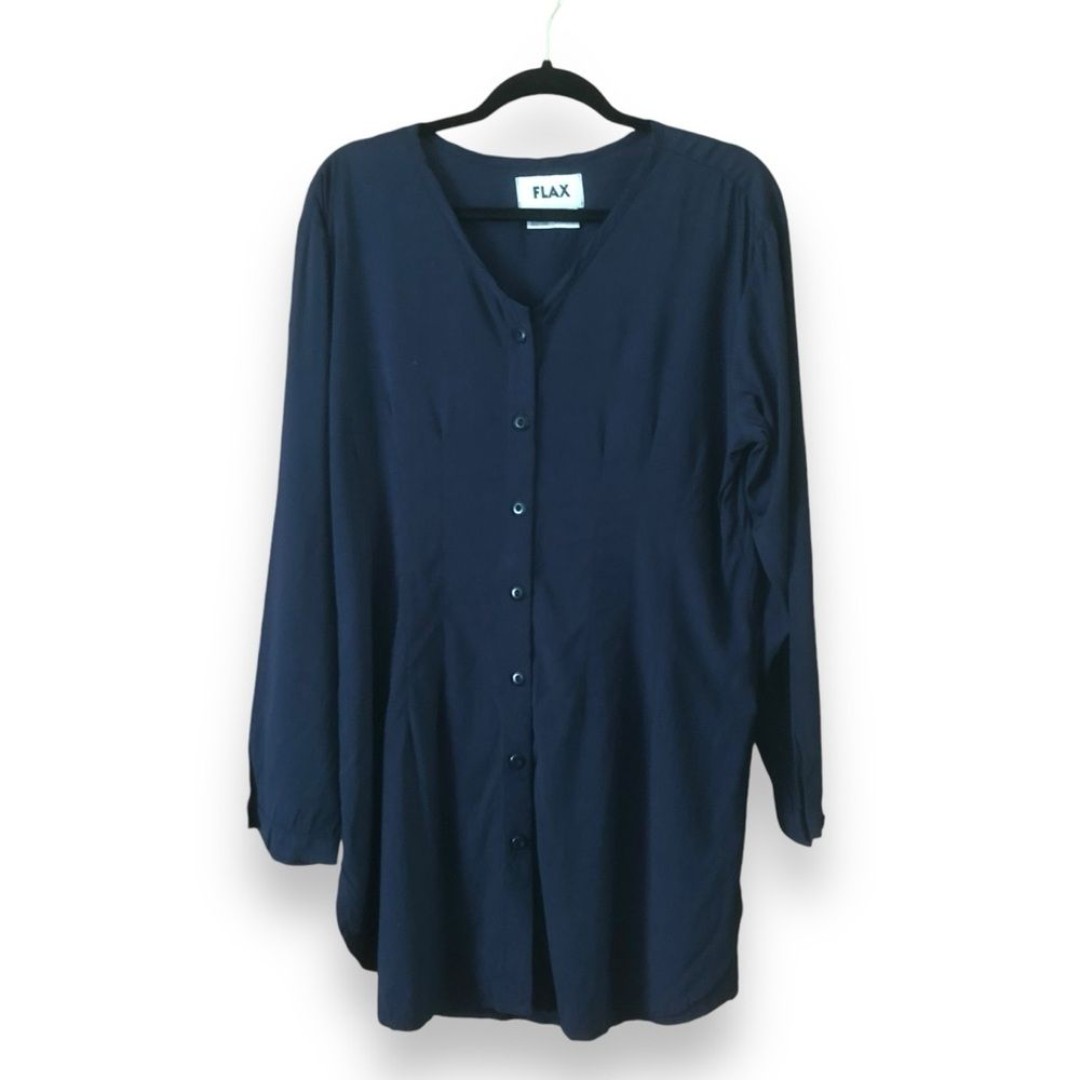 Flax Rayon Navy Blue Button Up Tunic Blouse Size Small Lagelook Boho Bohemian