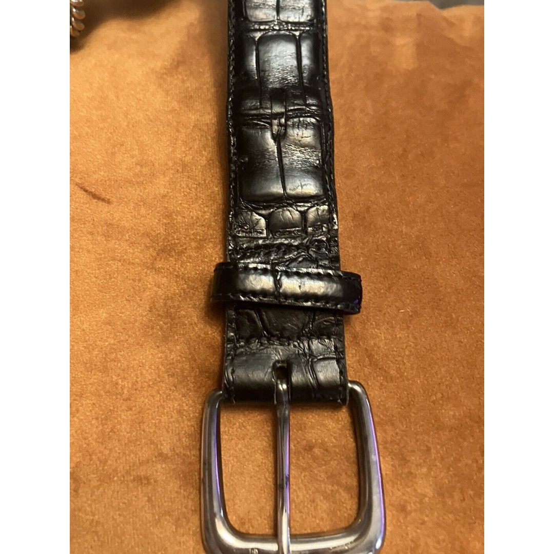 POLO RALPH LAUREN STERLING SILVER BUCKLE AMERICAN ALLIGATOR Black BELT 28 Italy