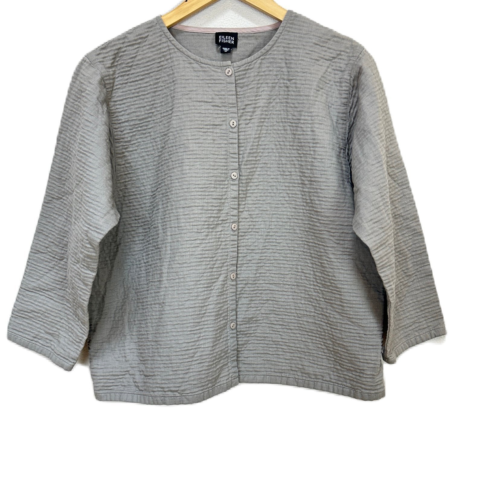 Eileen Fisher Collarless Button Front Boxy Jacket Gray Cotton Women’s Medium