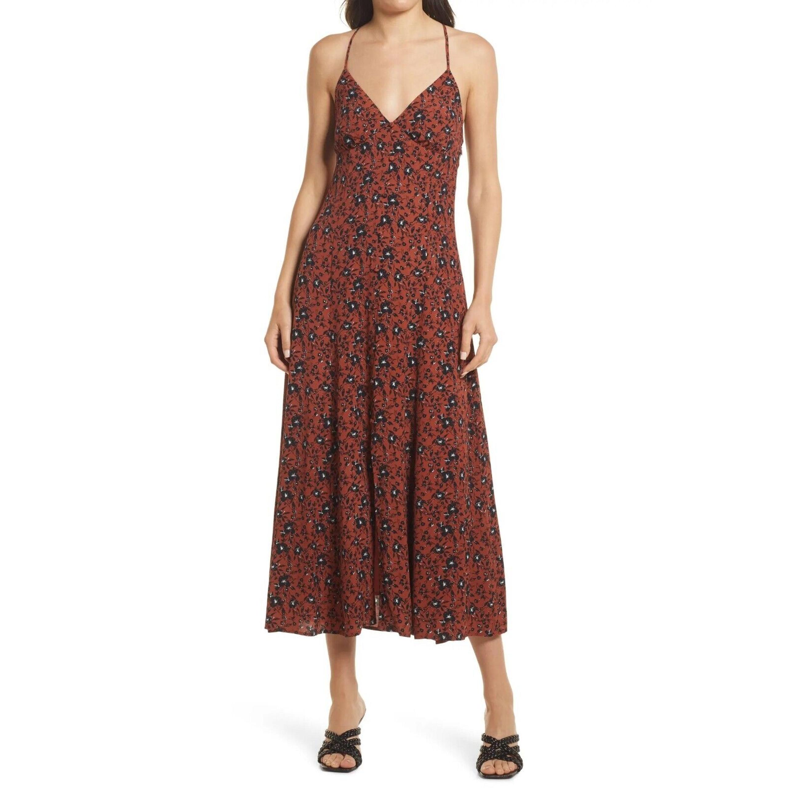 Chelsea28 Women Brown Floral Viscose Casual Cami Front Button Midi Dress Size XS