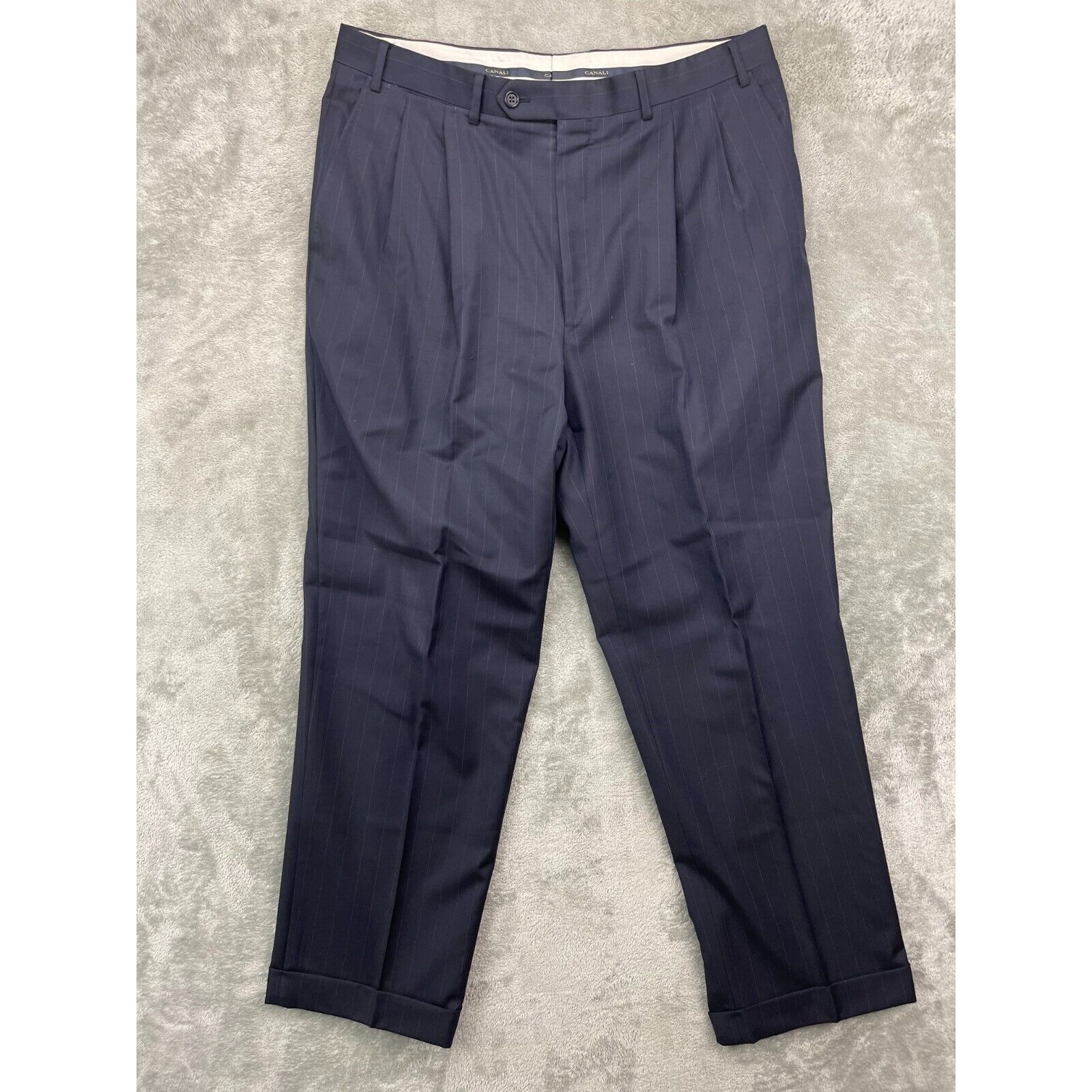 Canali Mens Pleated Dress Pants US 36x30 Black Pinstripe Wool Pockets