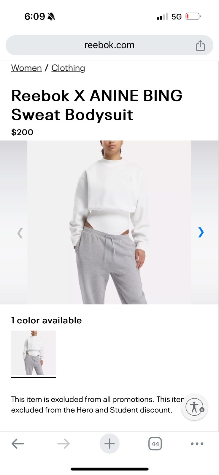 NWT Anine Bing Reebok size small white/off white sweatshirt bodysuit