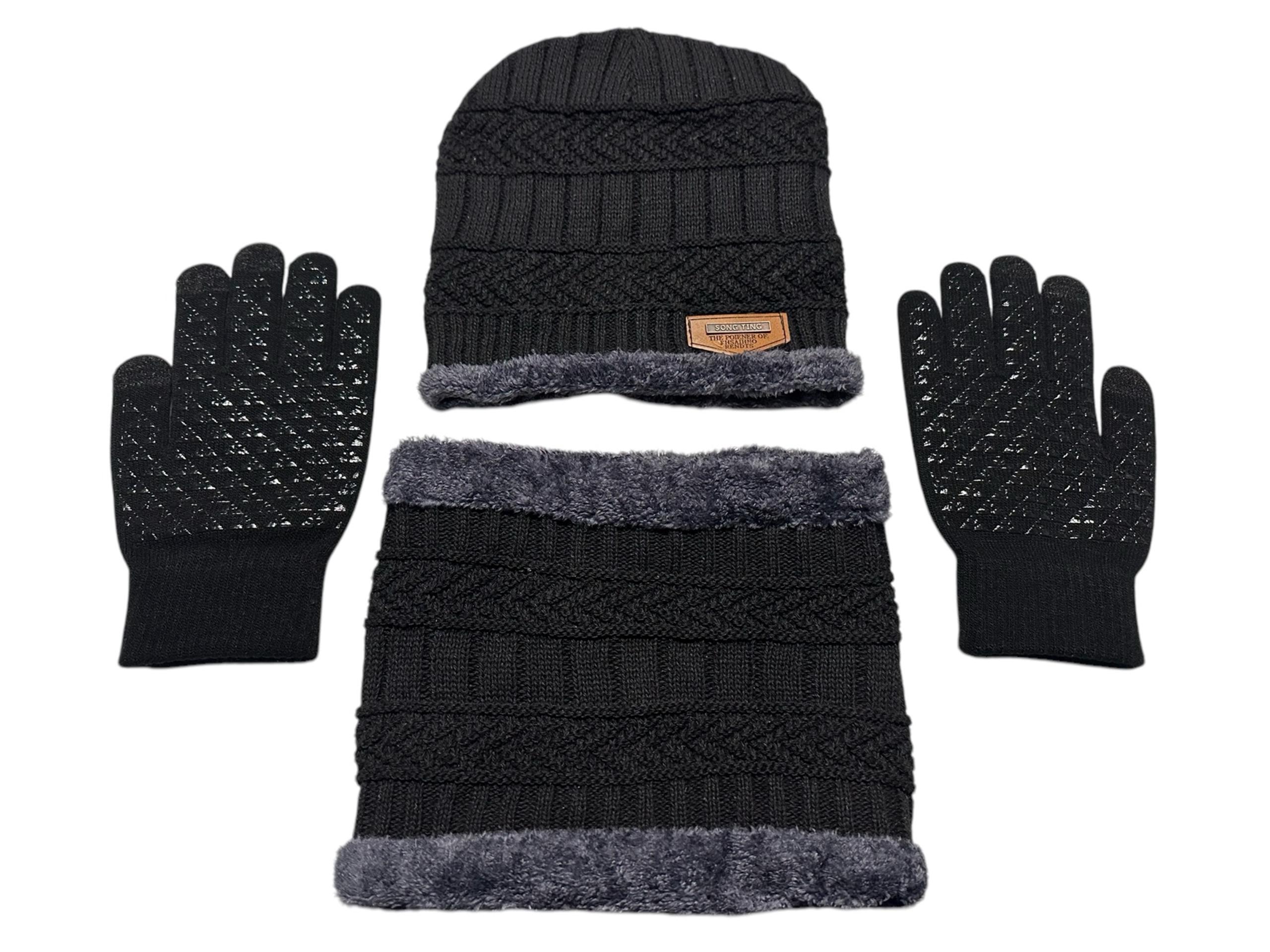 Hat scarf gloves scarf set 3 pieces new black unisex adult winter hat warm