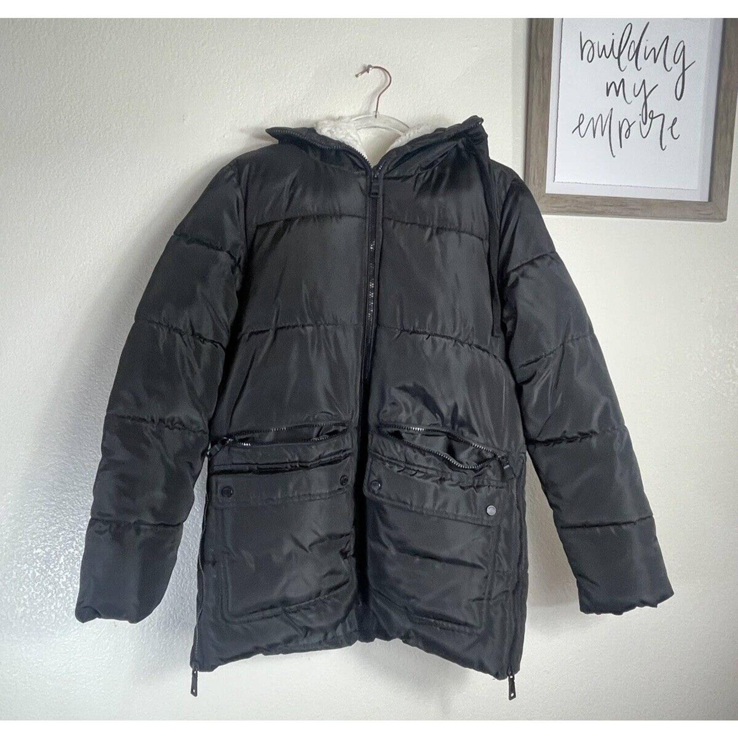 Madden NYC Women's Black Full Zip Hooded Puffer Jacket Size M Winter Zip Pockets