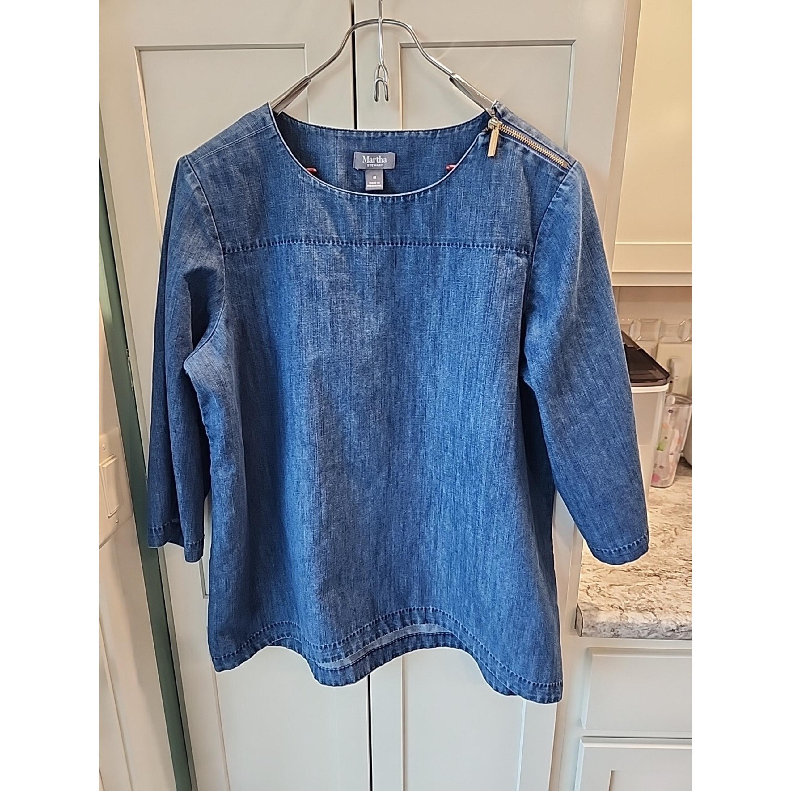 Martha Stewart Women's Everyday Zipper Denim 3/4 Sleeve Woven Top Sz M