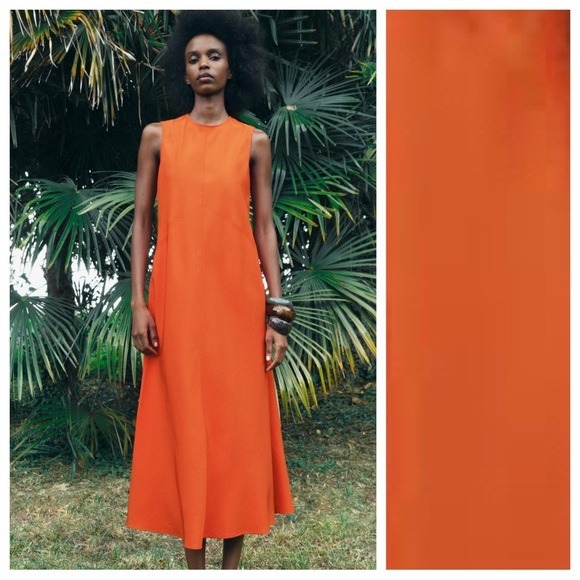 NWT. Zara ZW Collection Orange Viscose/Lyocell Blend Midi Dress. Size S.