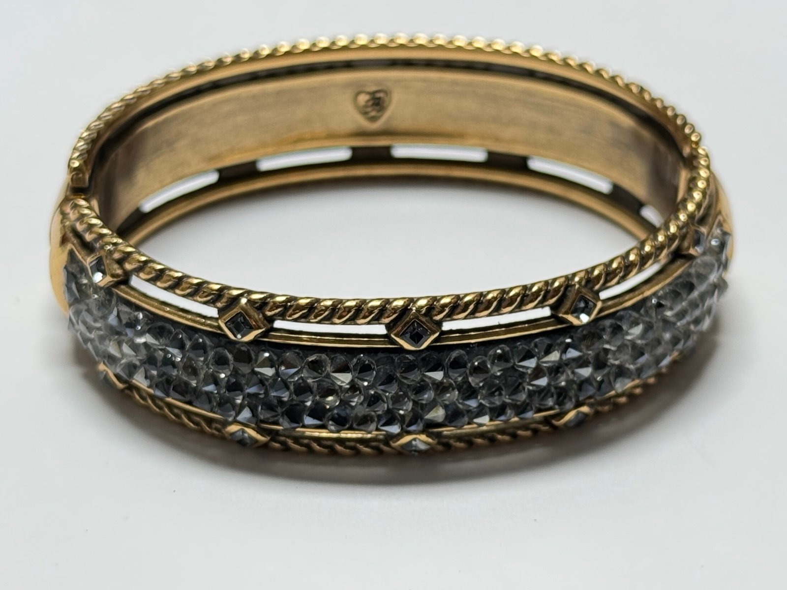 Brighton Retired Crystal Rocks Hinged Bangle Bracelet Gold Black Crystals