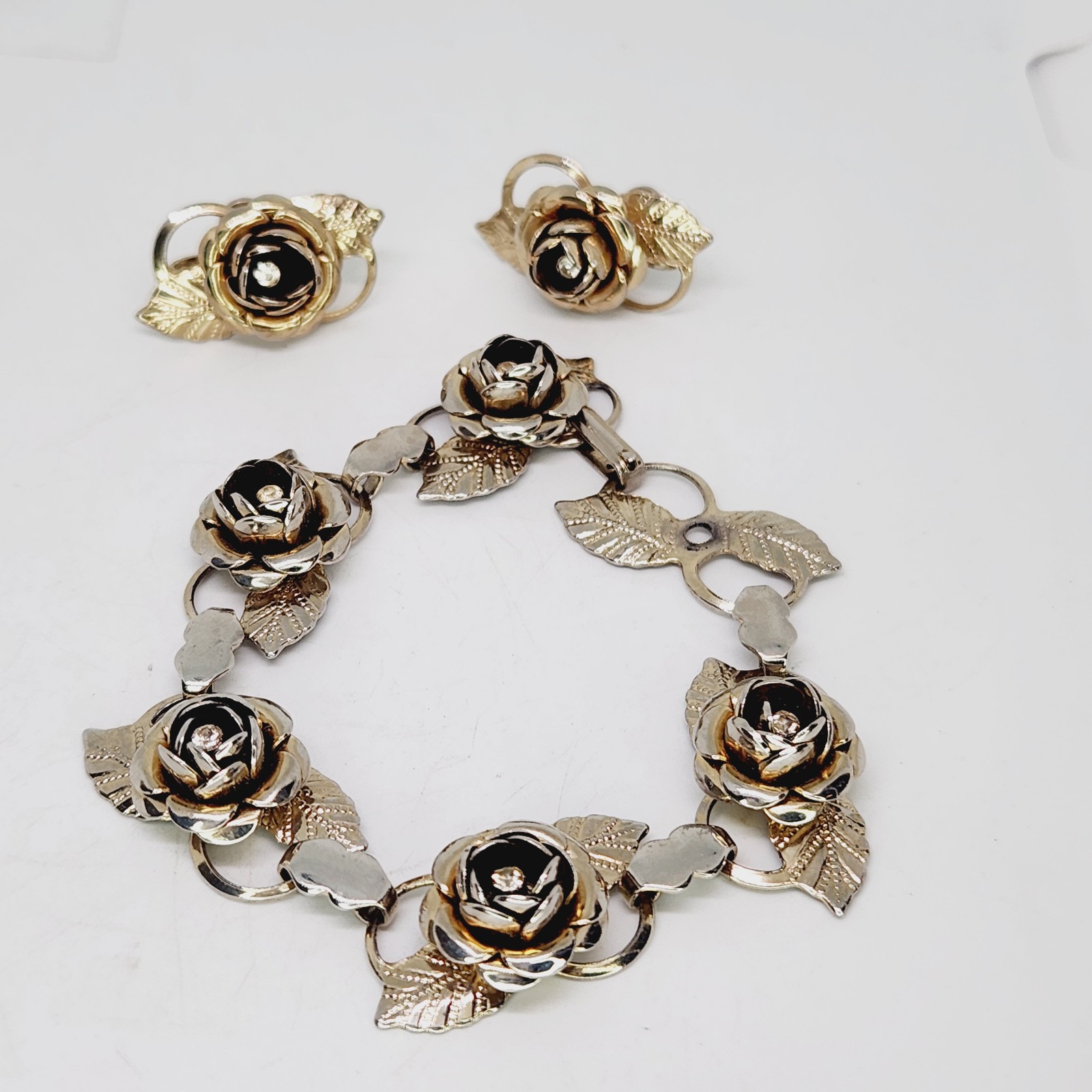 Vintage Unsigned CORO Gold Tone 3D Rose & Crystal Bracelet Screwback Earring Set