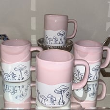 4-NEW RAE DUNN PINK WHITE AND BLUE ETCHED MUSHROOM COFFEE MUG BUNDLE