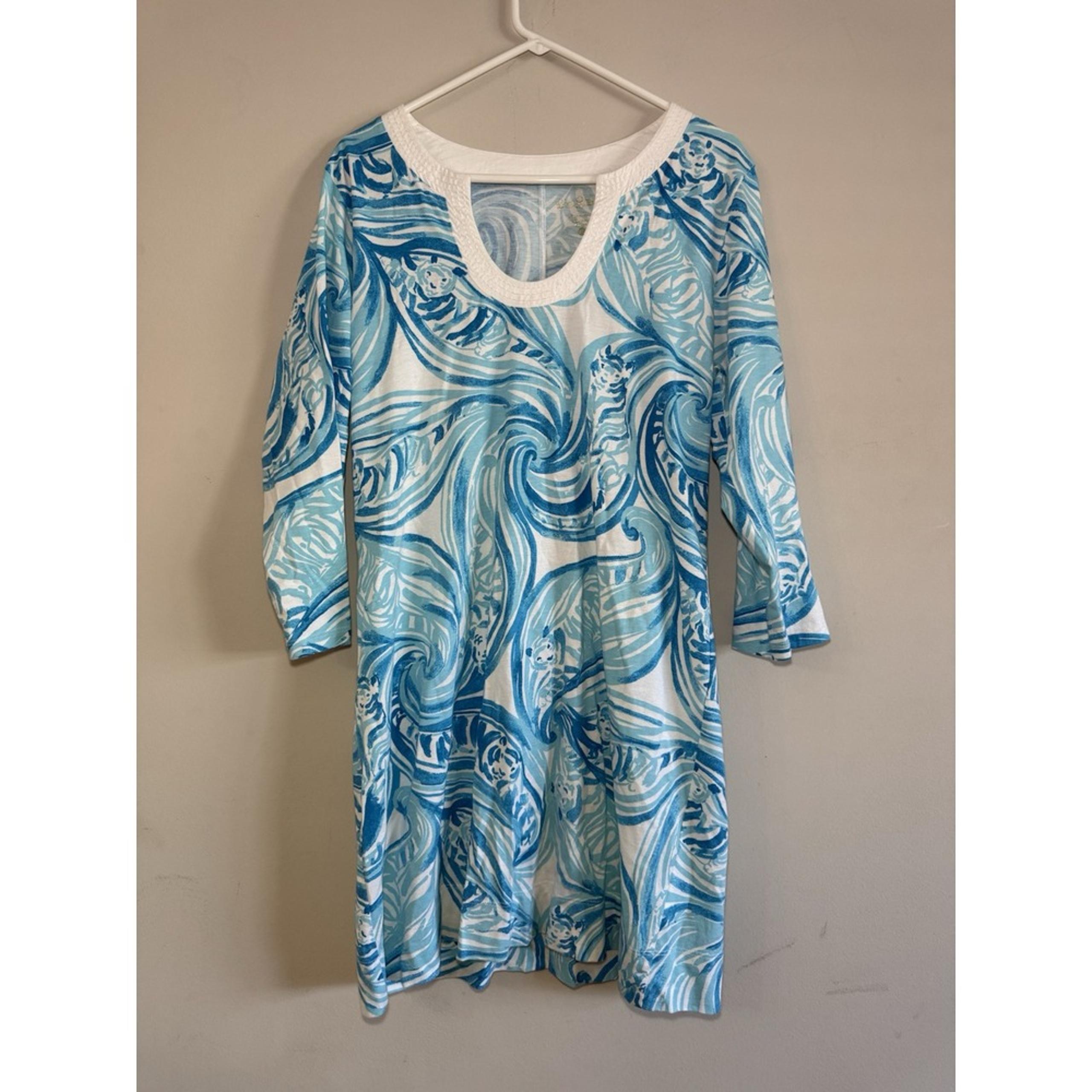 LILLY PULITZER Blue & White Floral Short Tunic Caftan Dress Womens XL