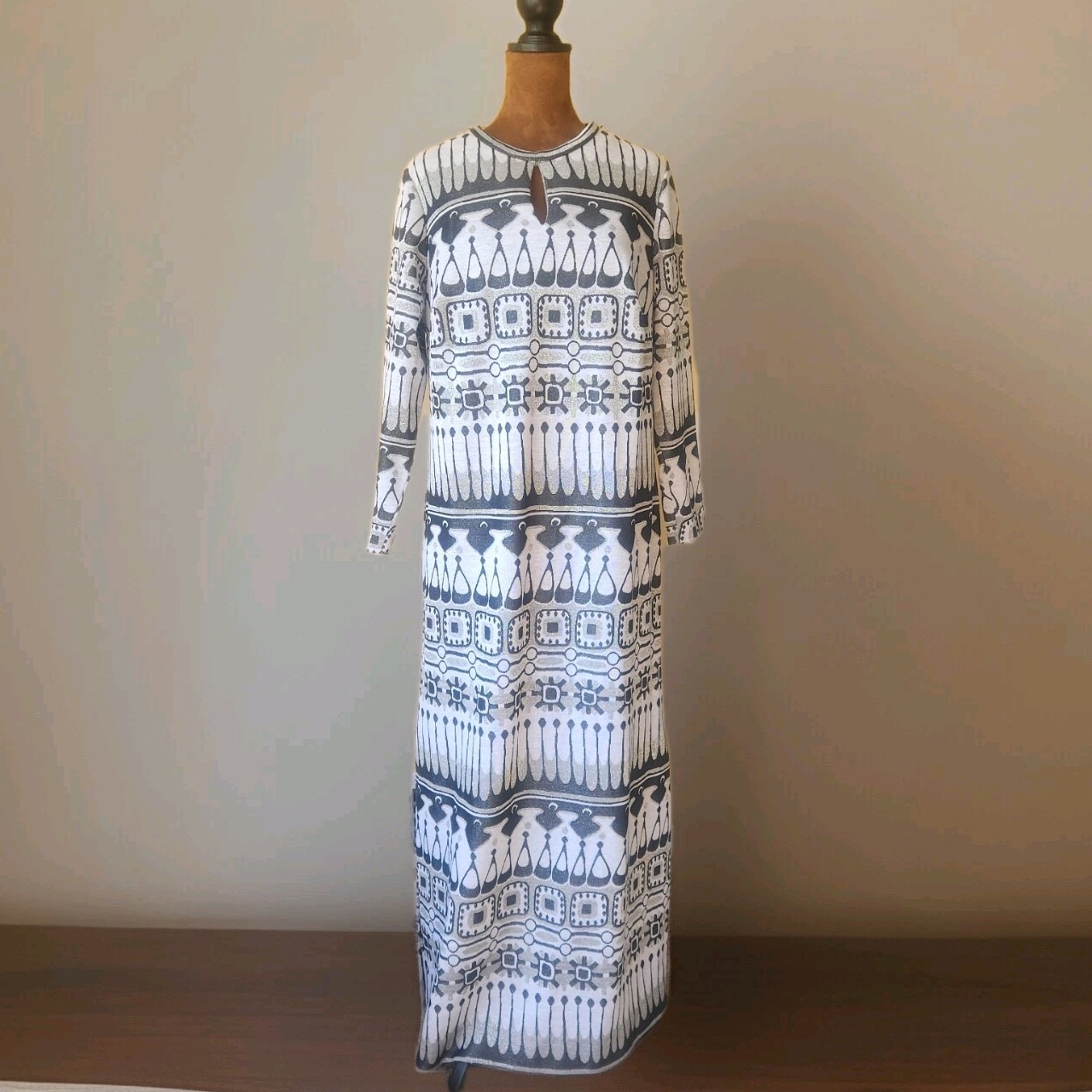 Vintage 70s Dress Retro Geometric Metallic Maxi Side Slits Glam Party Size L/XL