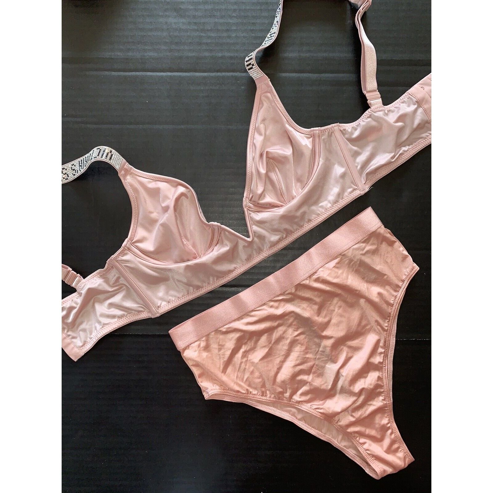 NWT Victoria's Secret XS BRALETTE set S high-waist panty PINK beige SHINE STRAP