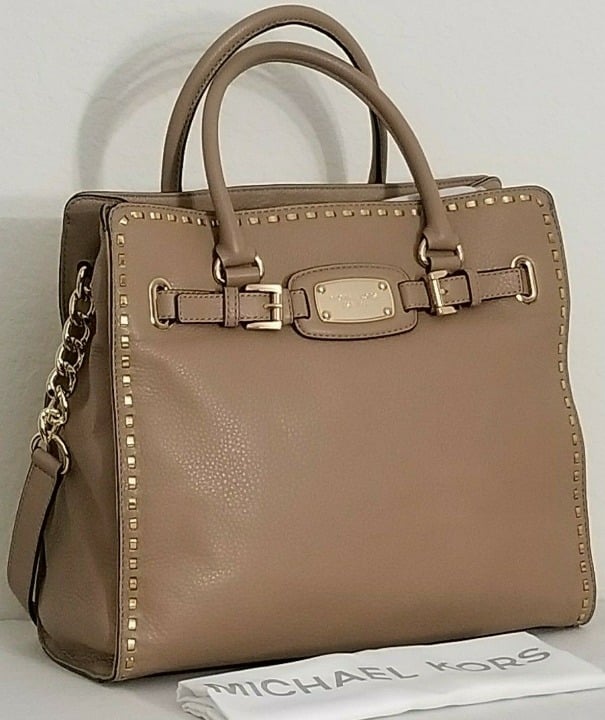 MICHAEL KORS HAMILTON NS LARGE TAN DARK KHAKI WHIPPED STITCH NS TOTE BAG NWT!