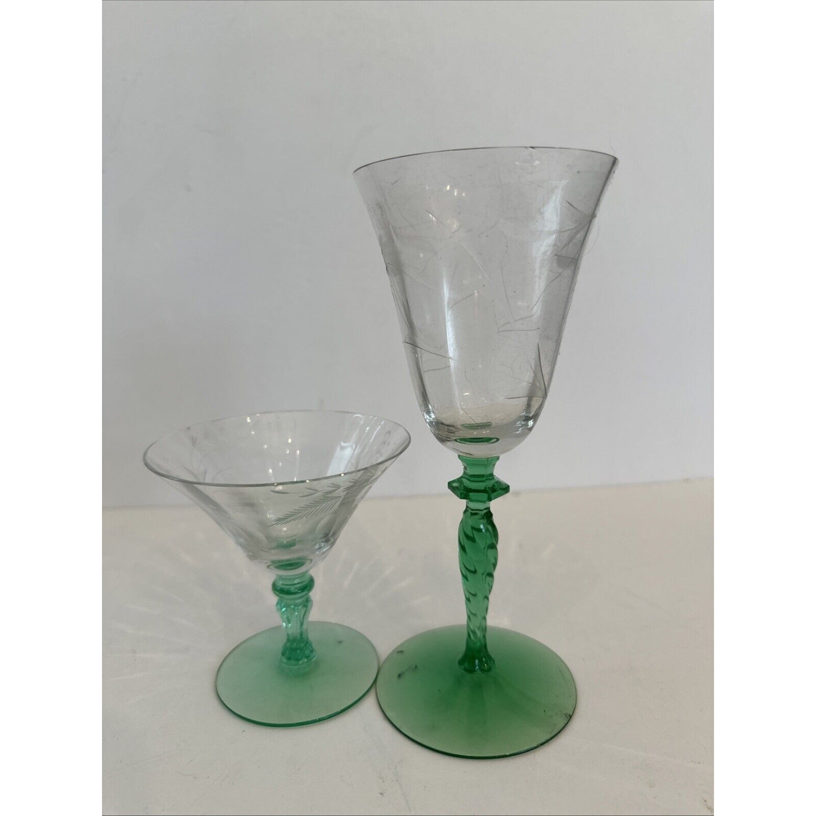 Vintage Uranium, Vaseline Etched Green Stemware Moses Lot Of 2 Glasses 2 Styles