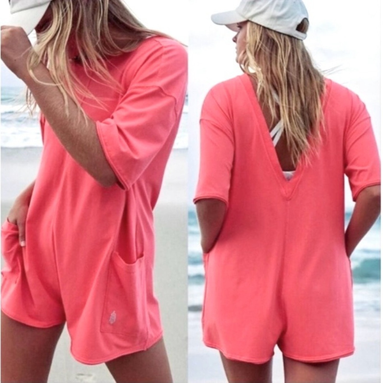 Free People Movement Hot Shot Tee Romper Coral Pink Shorts Summer Beach NEW sz M