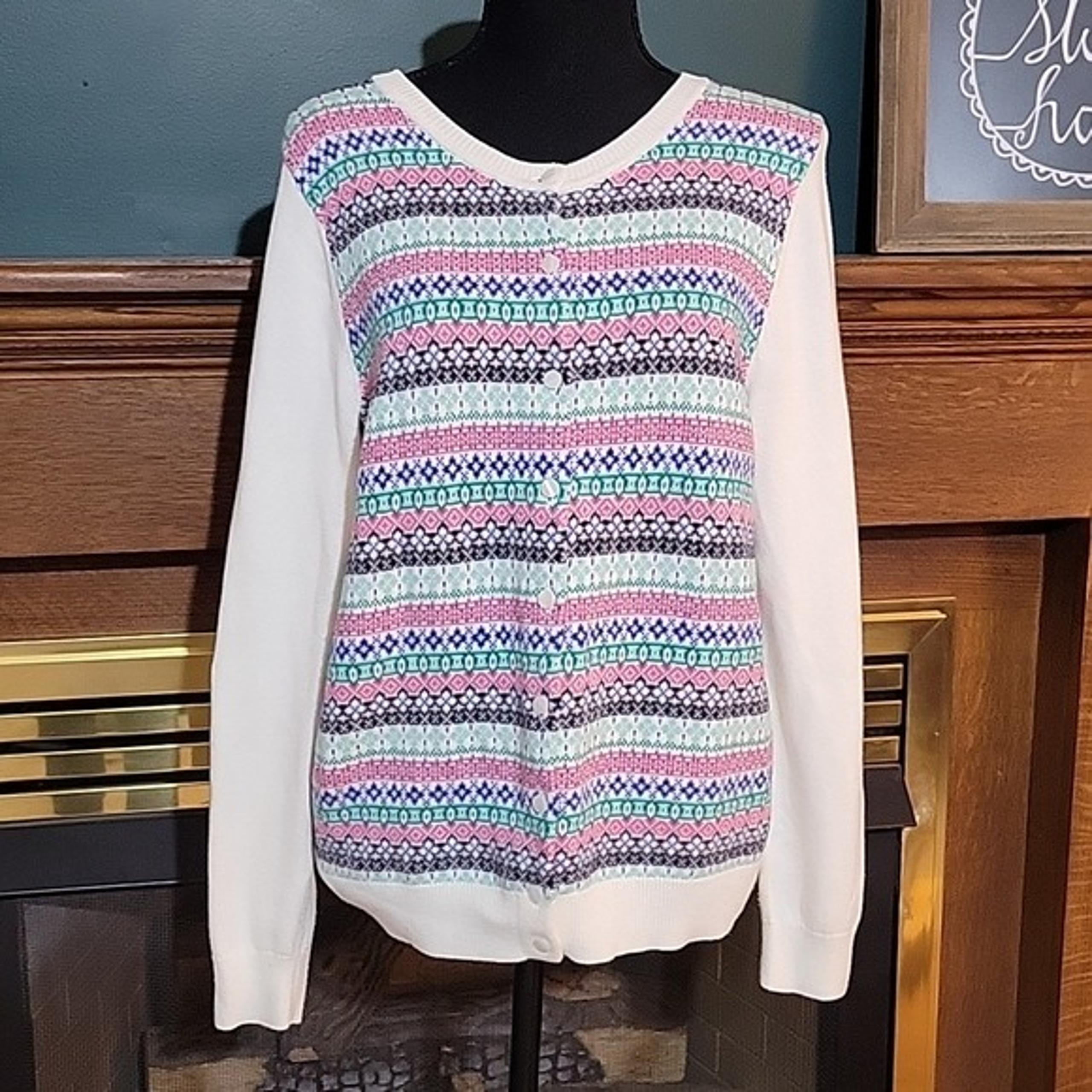 Talbots Fair Isle Knit Button Down Cotton Blend Cardigan Sweater Size Medium