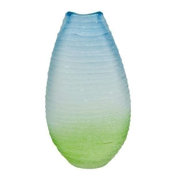 Vintage Ombre Green To Blue Frosted Art Blown Glass Ribbed MCM 8.5” PRETTY