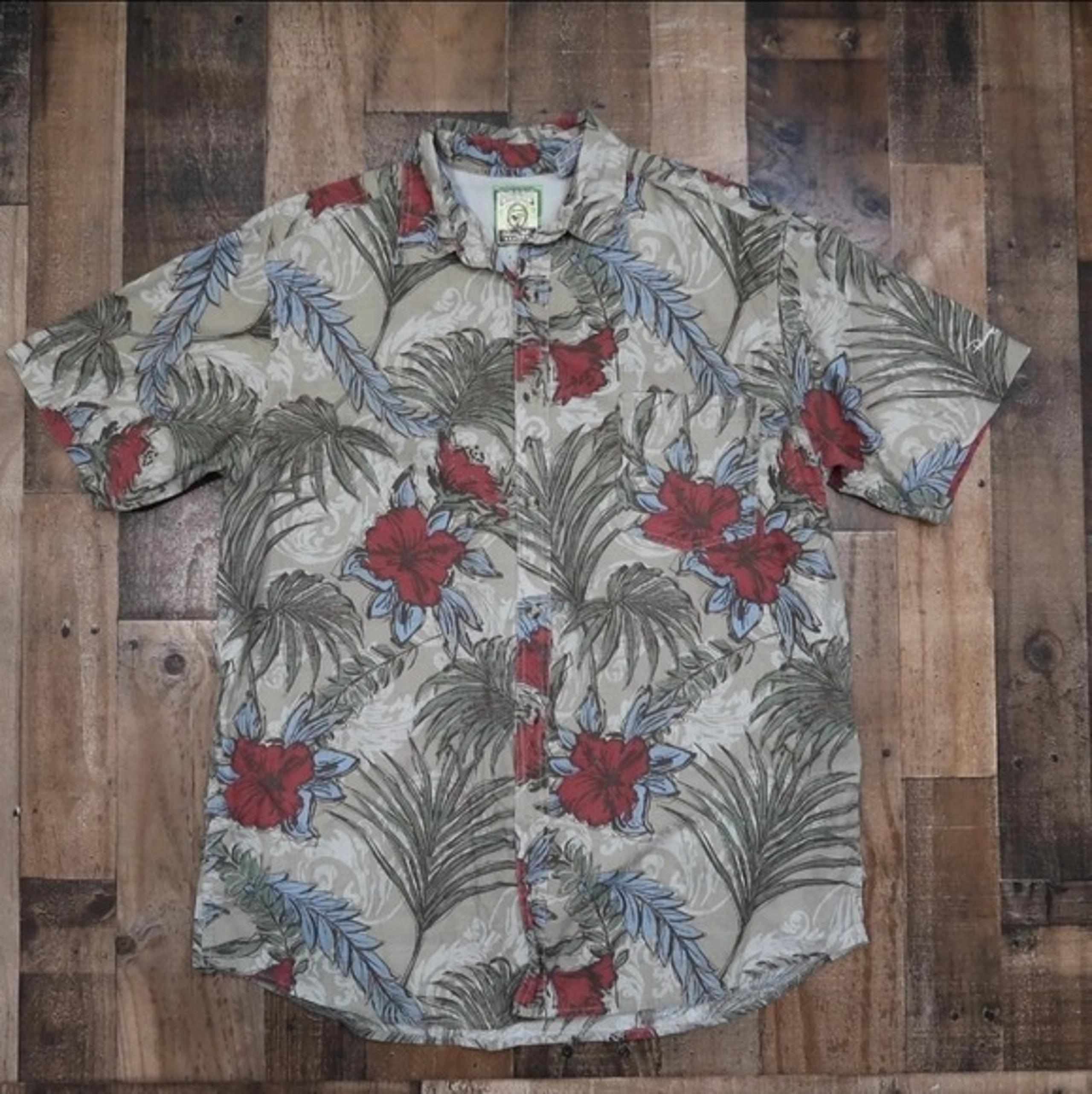 Panama Jack Resort Mens XL Tropical Floral Hawaiian Shirt Tan Red Blue Vacation