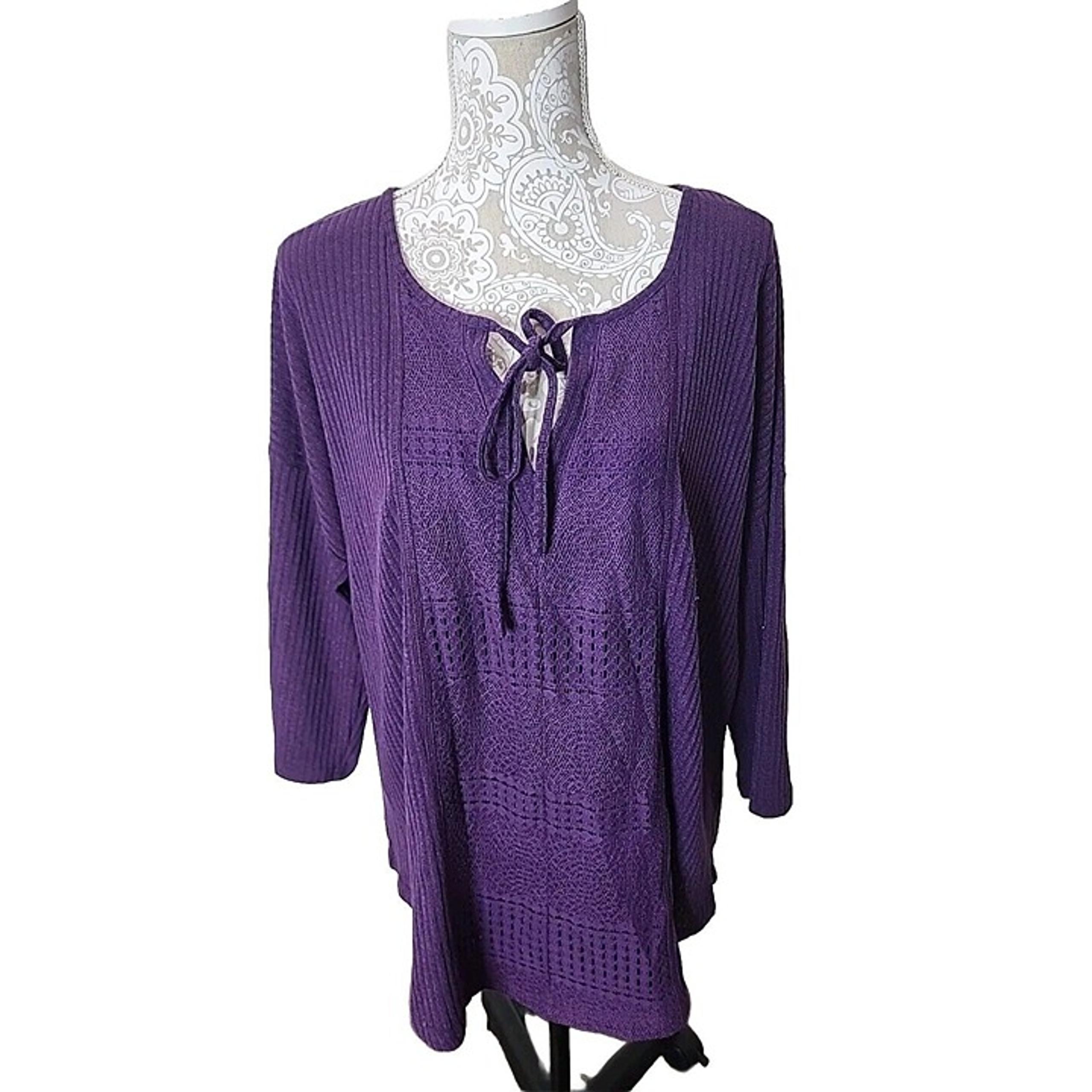 Suzanne Betro Top Tunic 3/4 Sleeve Purple Ribbed Knit Pullover Women's 3X