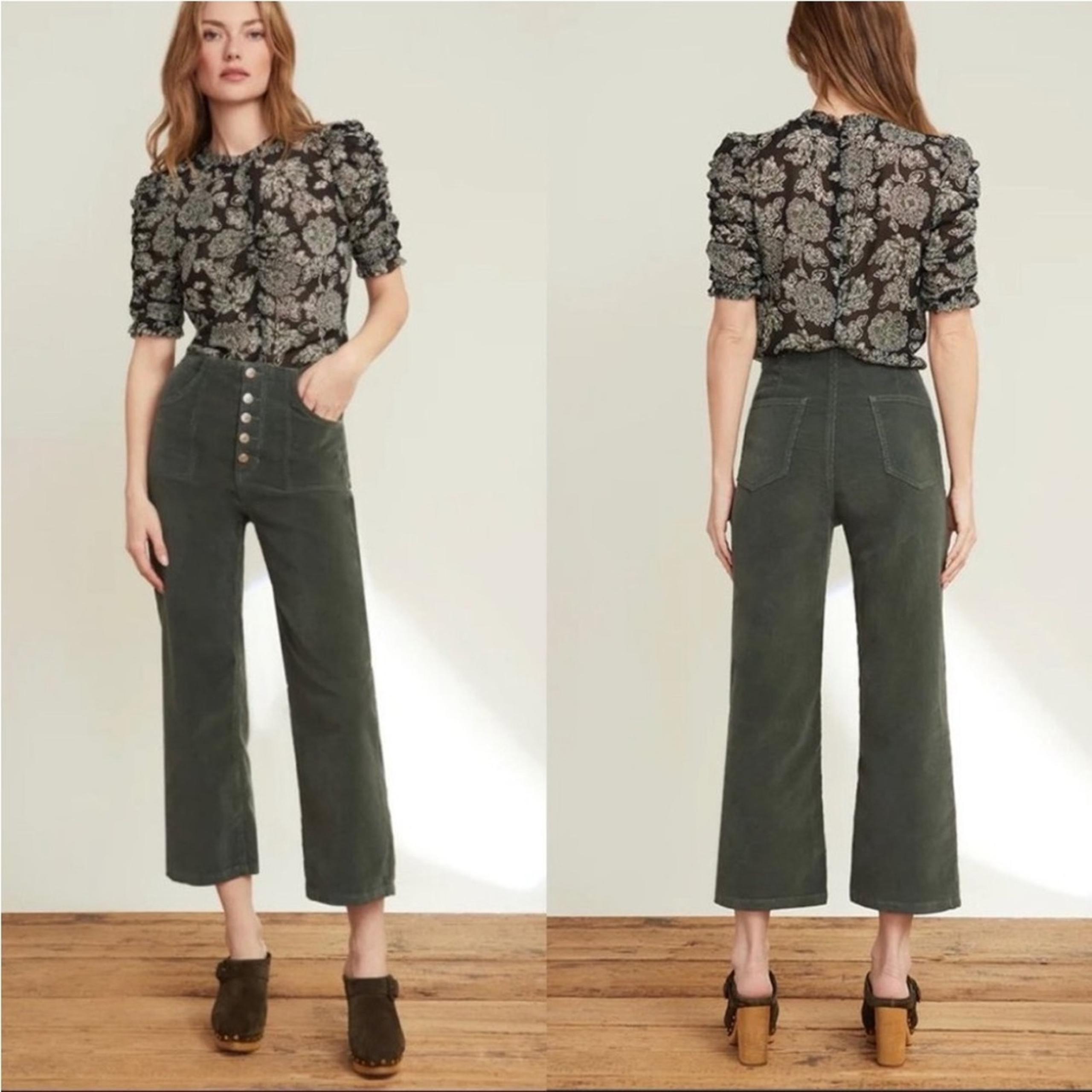 Veronica Beard Cotton Crosbie High Rise Crop Wide Leg Green Corduroy Pants 30