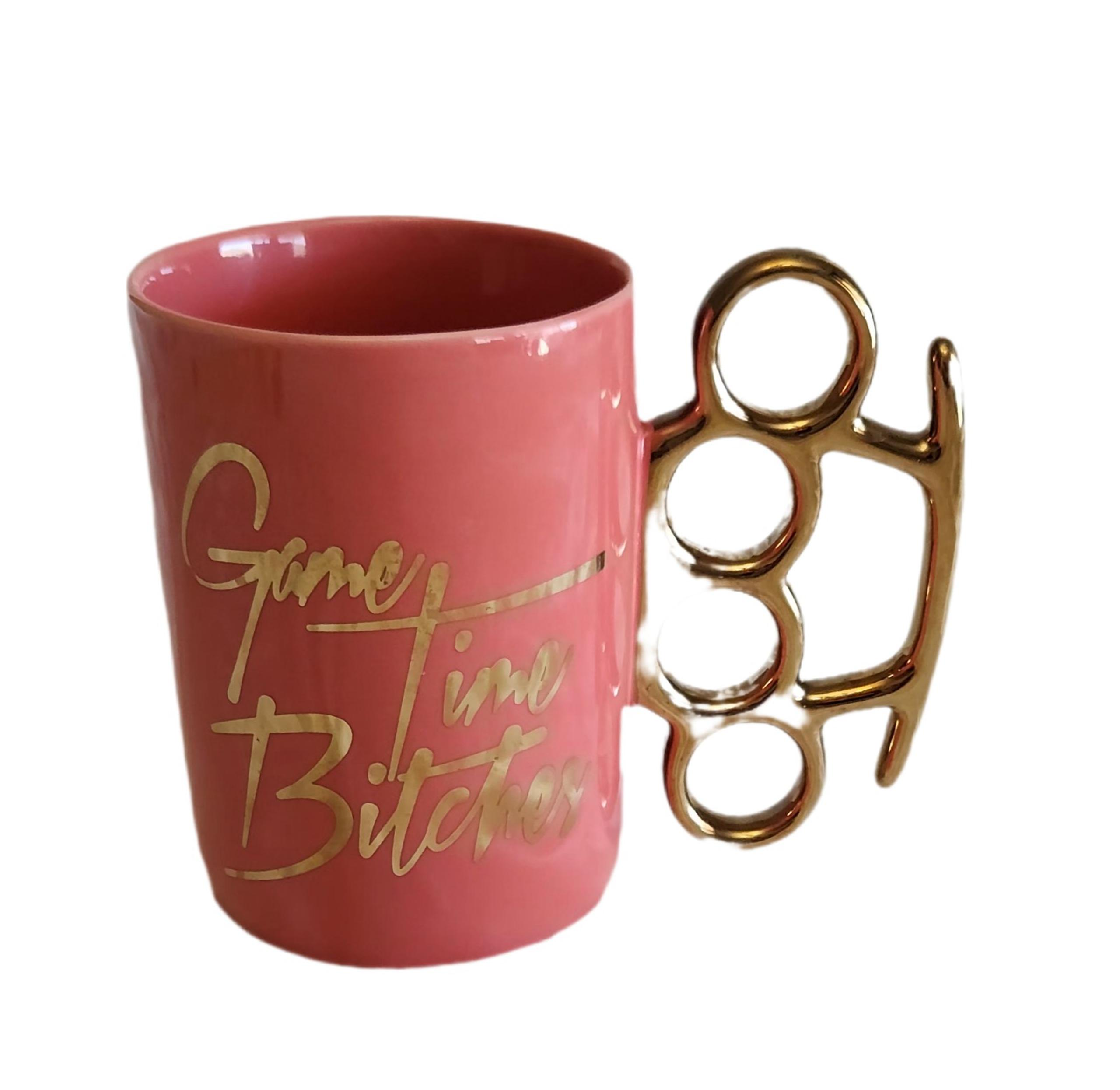 Pink Novelty Mug With Brass Knuckles Handle "Game Time Bitches"