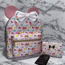 SET Loungefly Disney Minnie Mouse Flowers Mini Backpack + Wallet