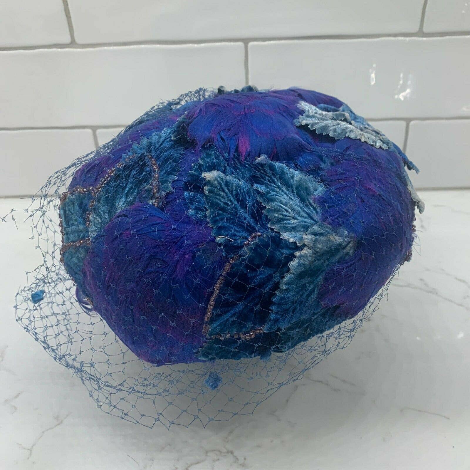 Vtg 50s Blue Color Feathered Pillbox Hat Cap French Room New York
