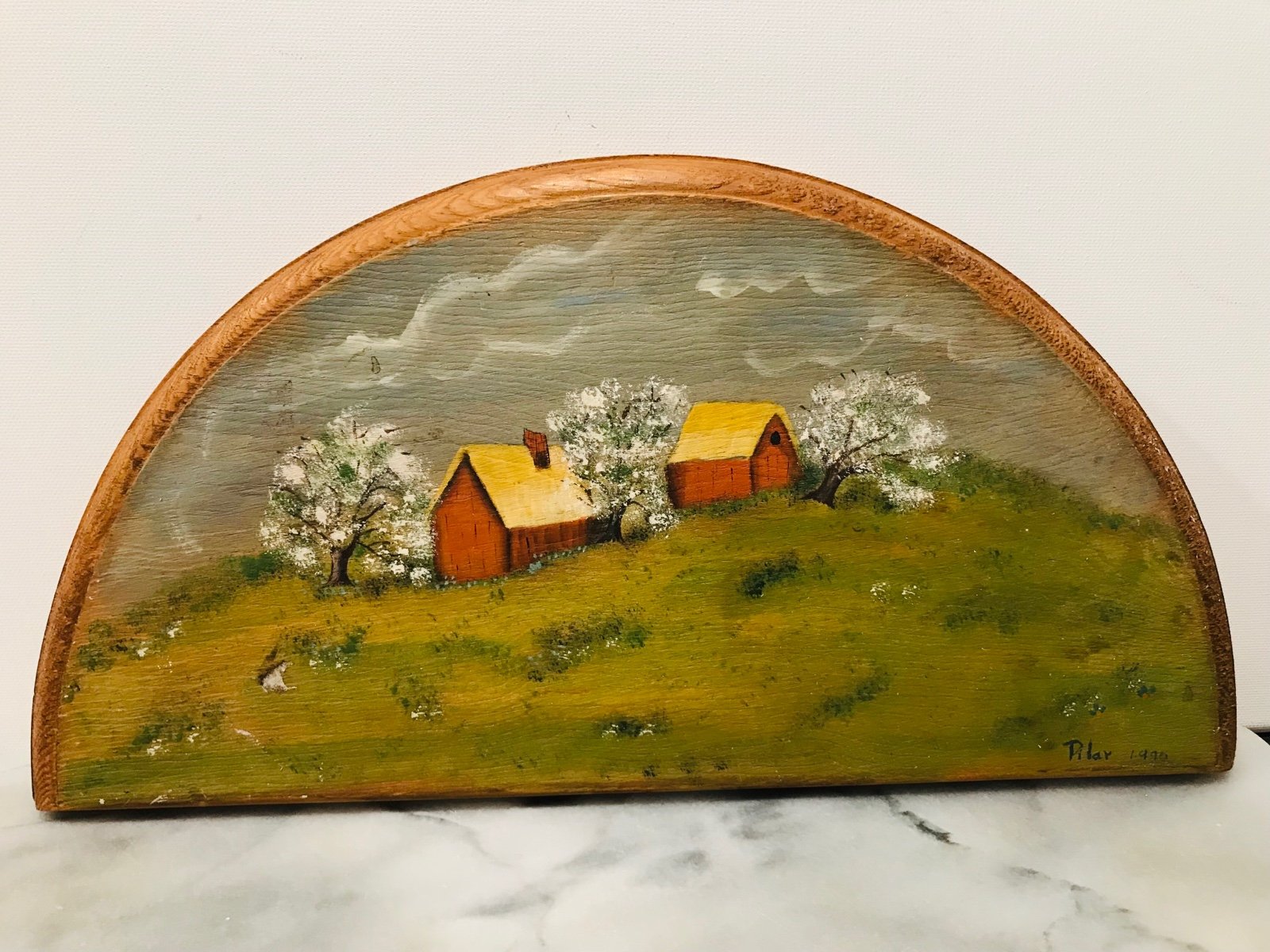 Vintage Acrylic Painting on Wood Signed PILAR 1990 Wall Hanging 14”-7”
