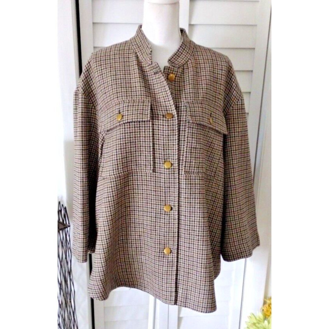 Preston & York brown & tan check preppy wool button front jacket women's 16