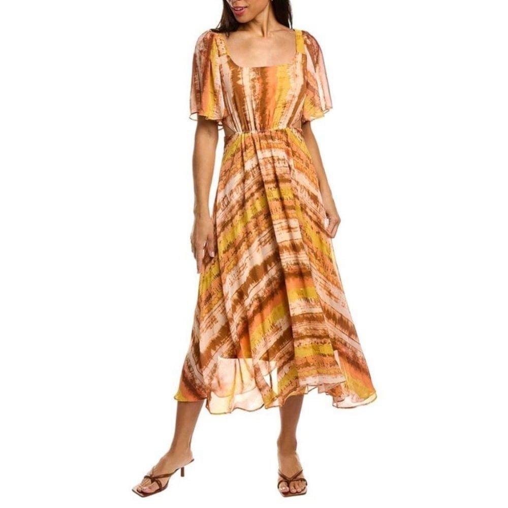 Taylor Cutouts Printed Chiffon Midi Flare Dress w waist drawstring browns Sz 12