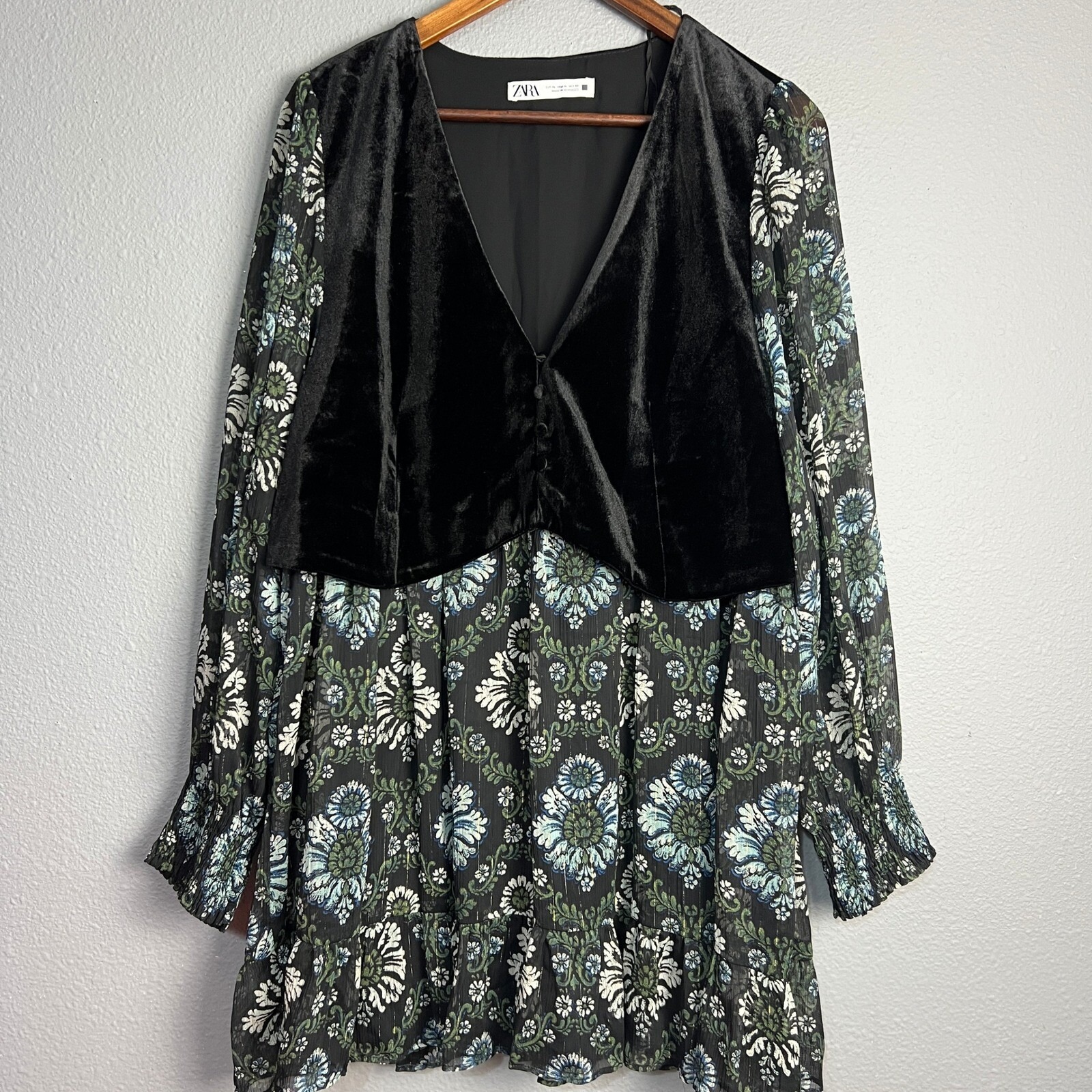 Zara Moody Floral Print Mini Dress Velvet Vest Modern Prairie Cottagecore XL